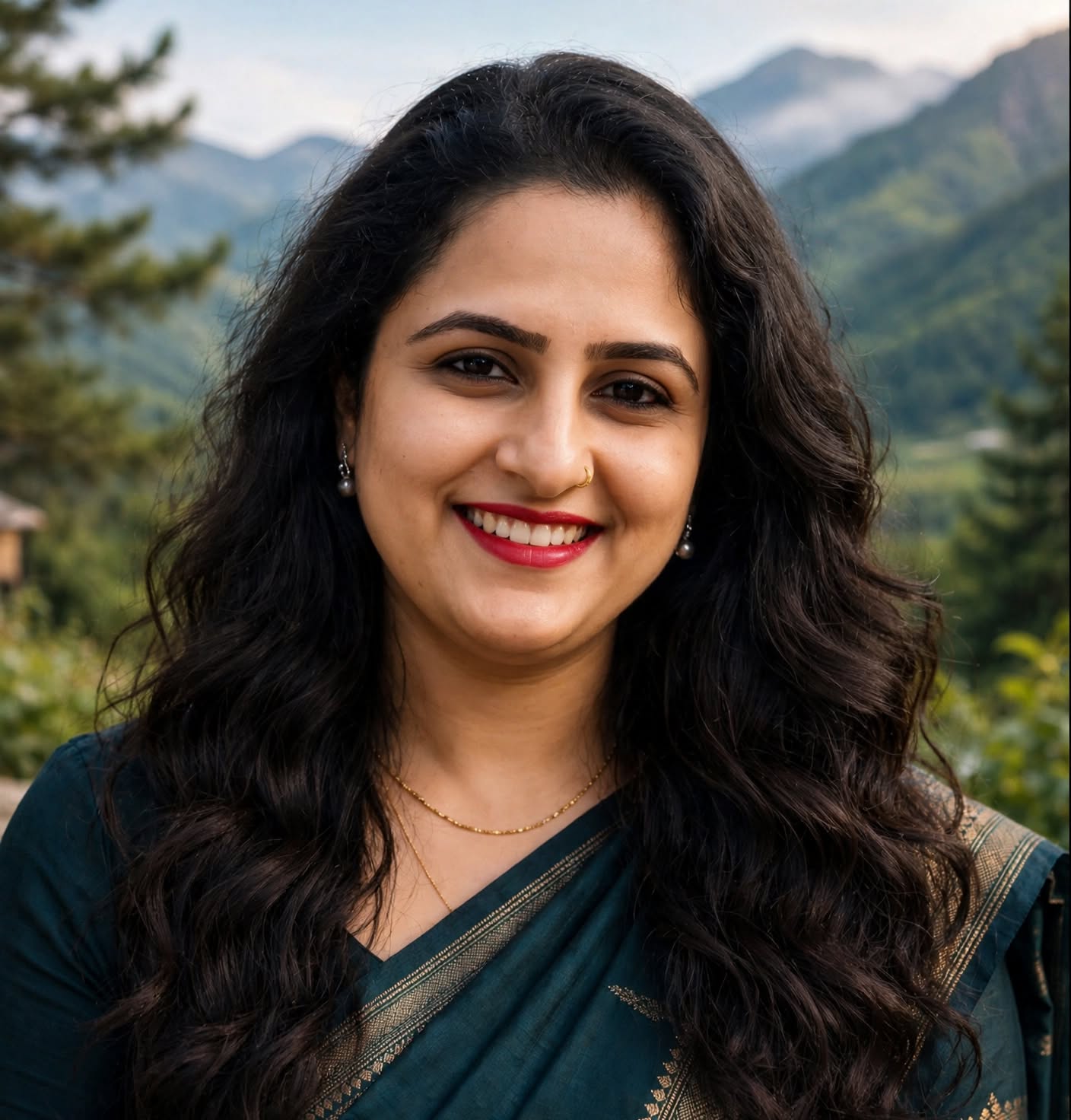 Geetika Rajput smiling in a green and gold saree