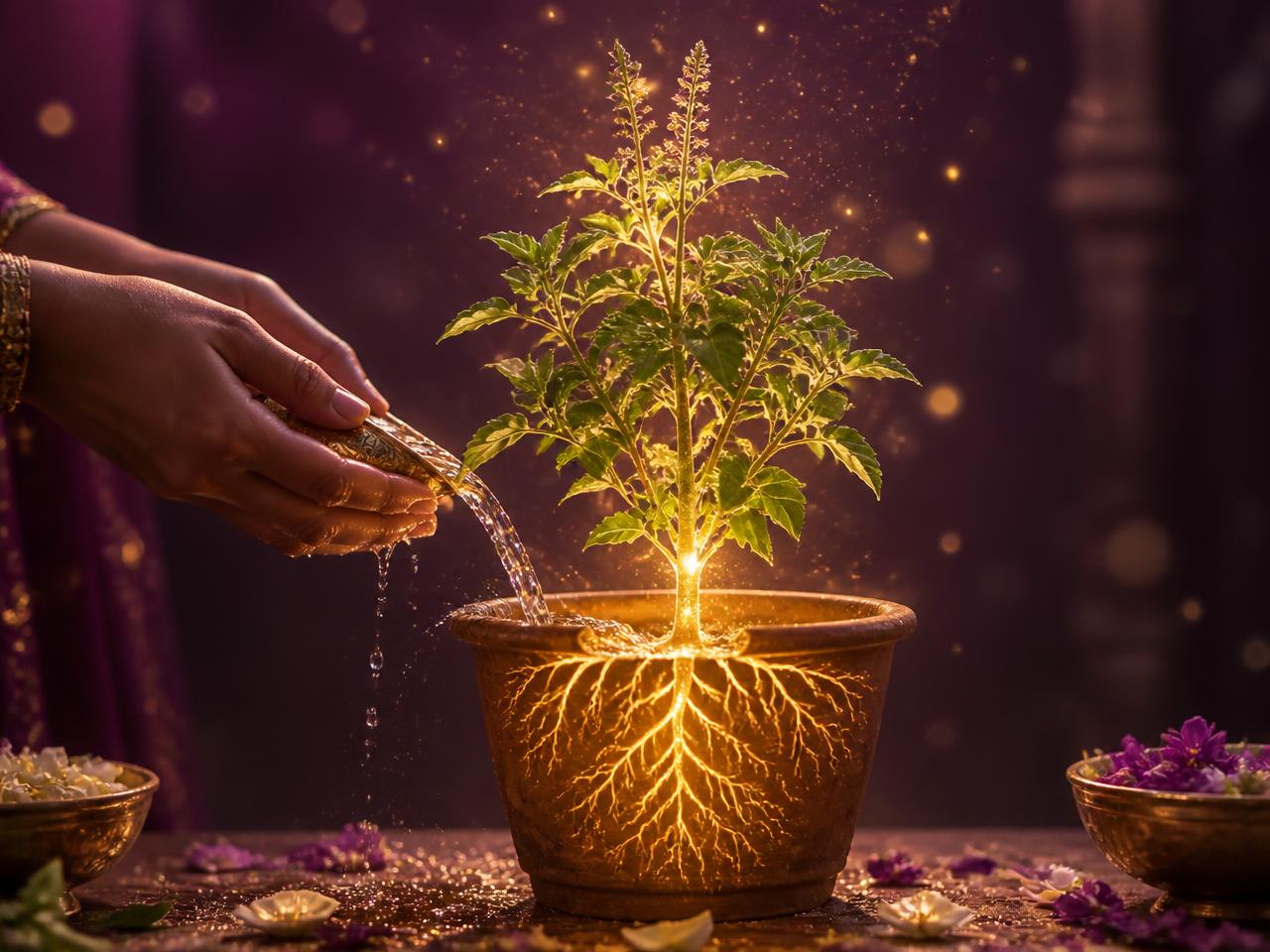 Hands watering the glowing roots of a tulsi plant