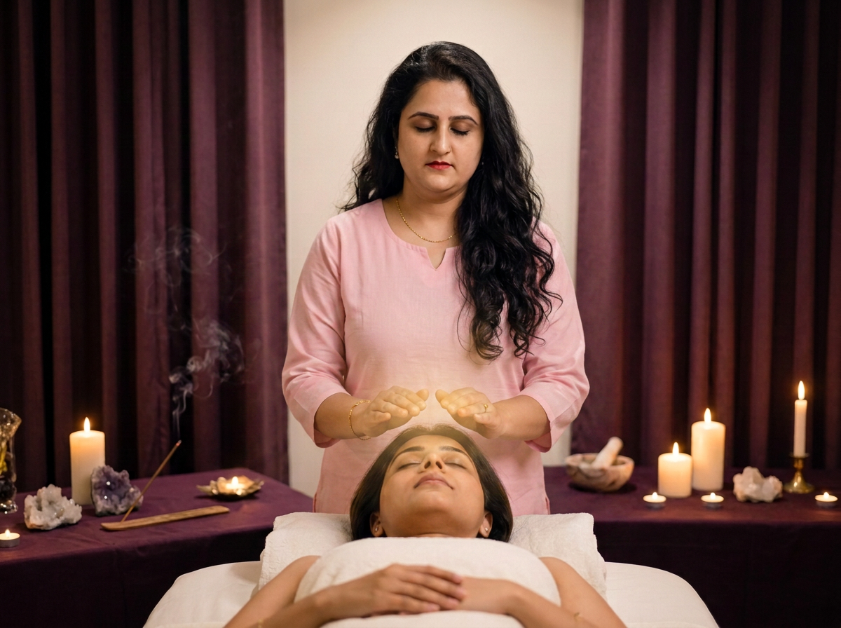 Geetika Rajput channelling Reiki over a resting client in her healing room