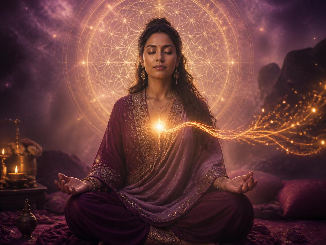 Woman meditating as a golden energetic cord dissolves from her heart