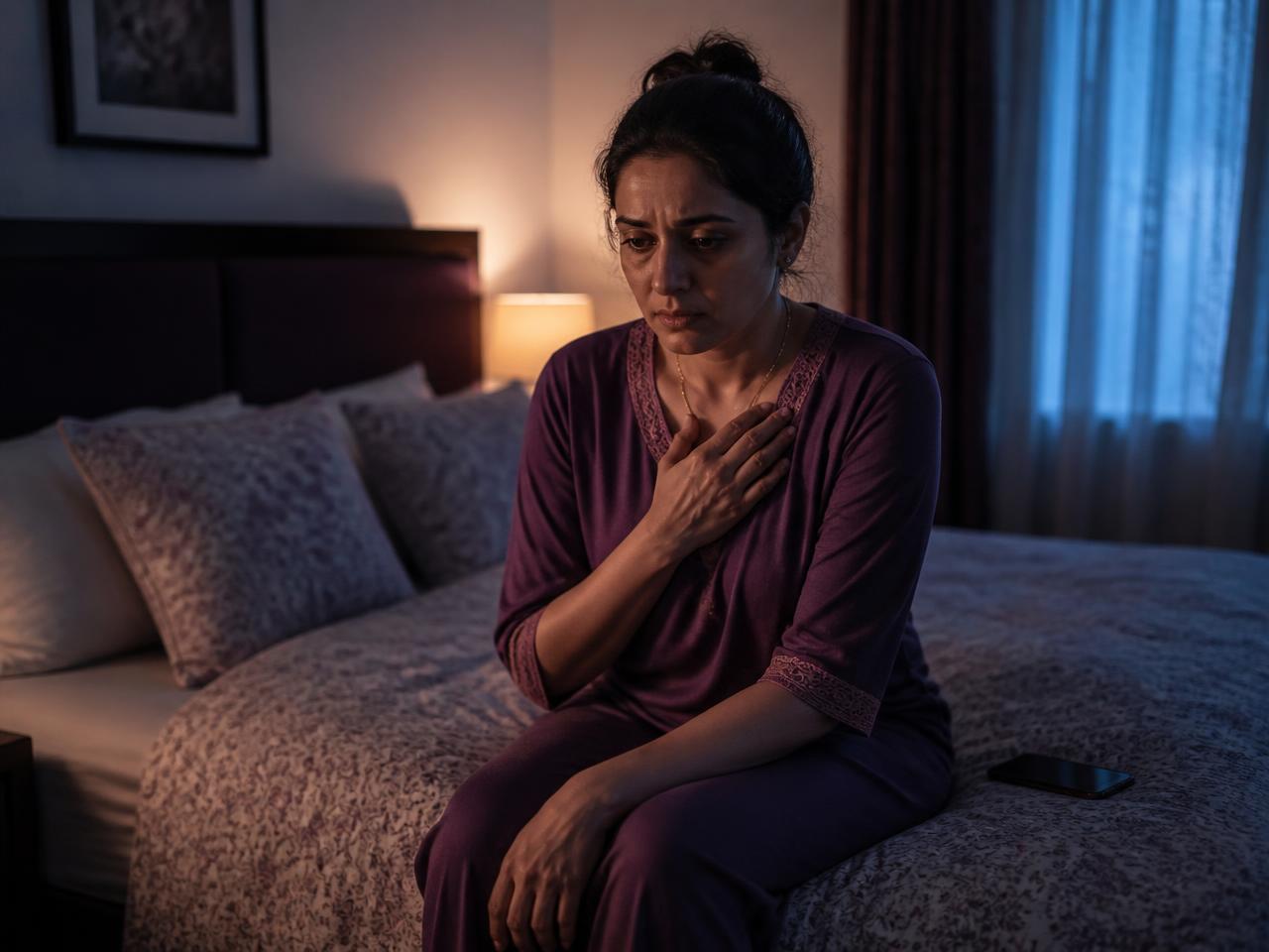 Woman sitting alone at night feeling emotionally exhausted