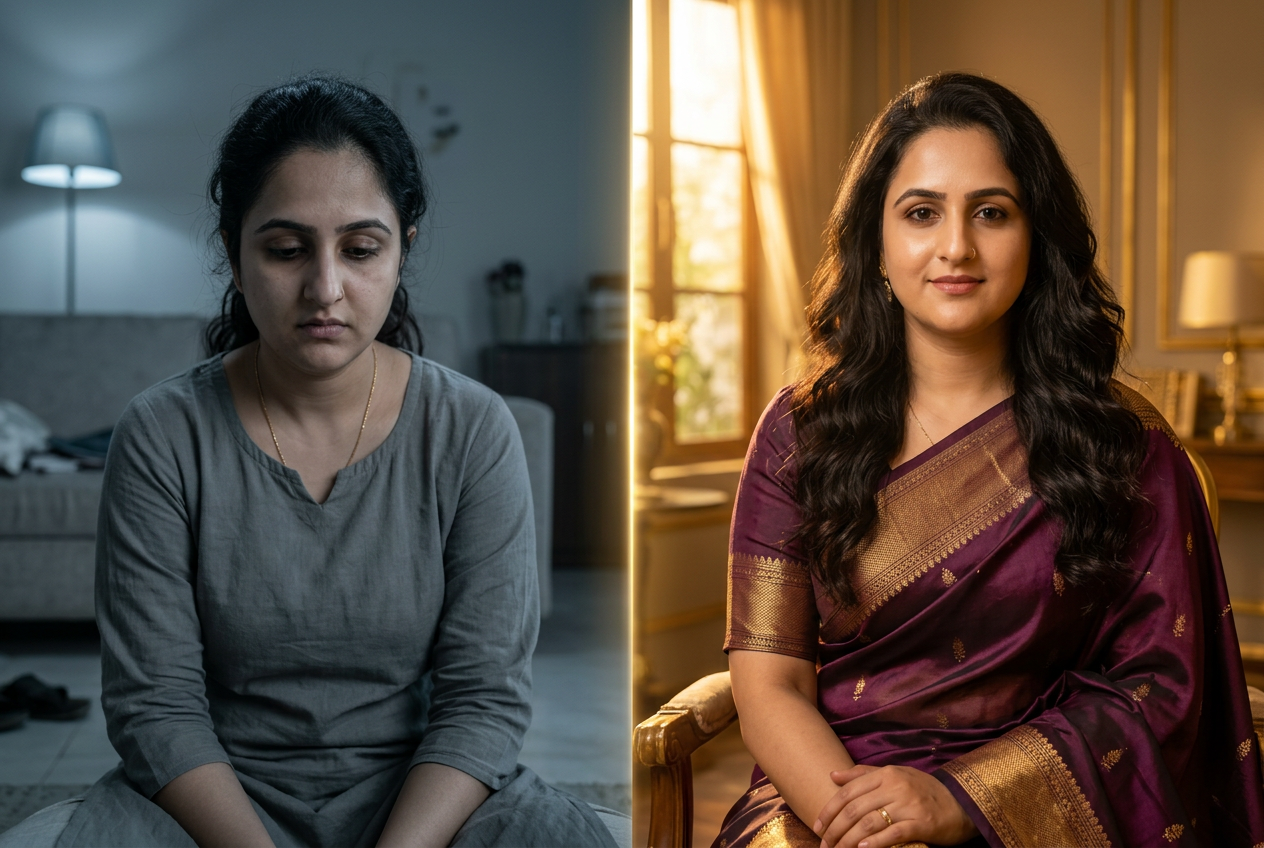 Transformation: a woman heavy with pain, and the same woman radiant and at peace