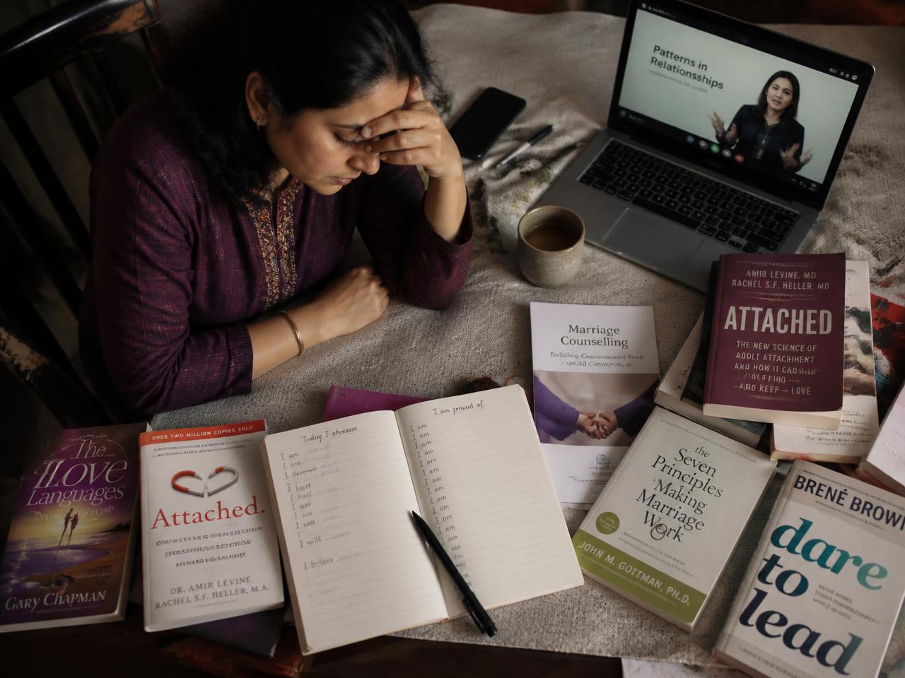 Woman frustrated surrounded by relationship books and courses